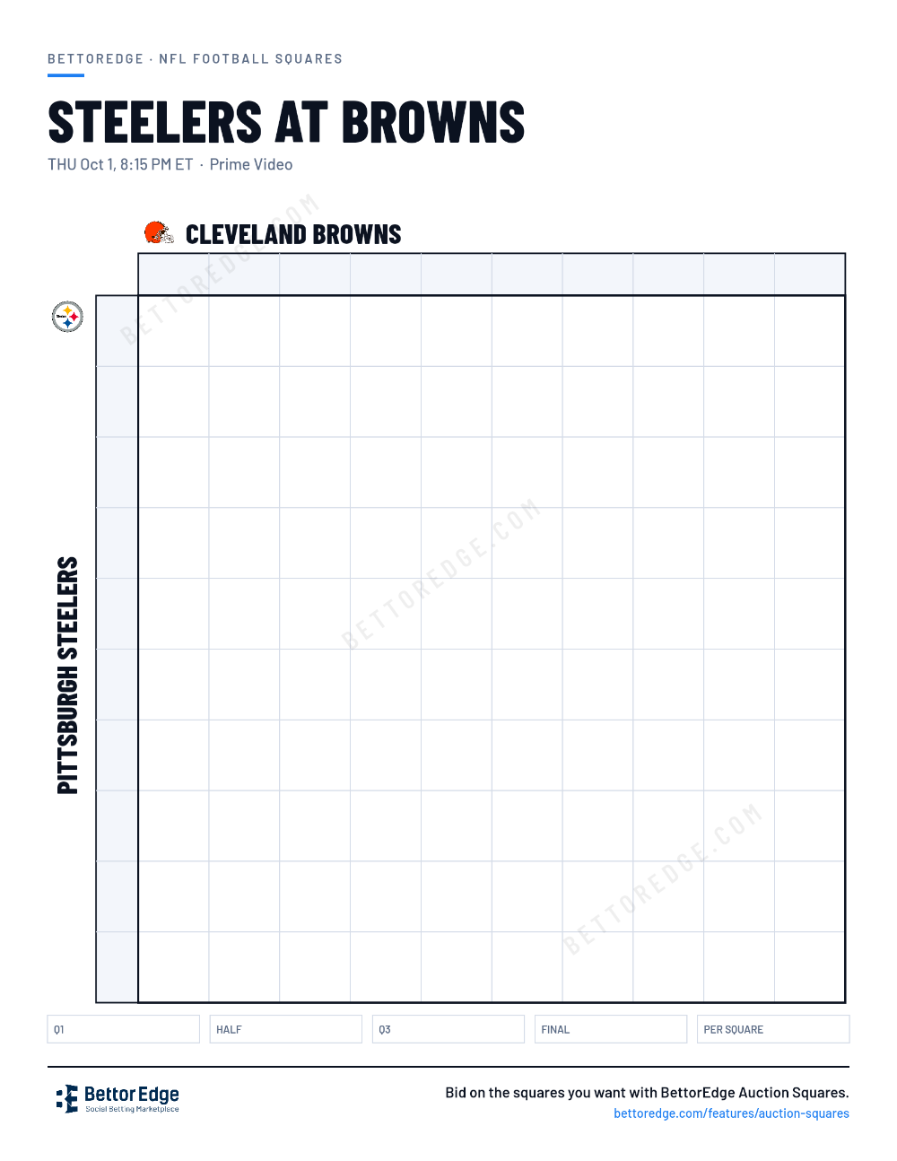 Steelers at Browns squares, free printable 10x10 football squares grid