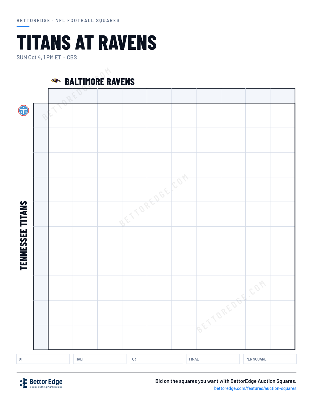 Titans at Ravens squares, free printable 10x10 football squares grid