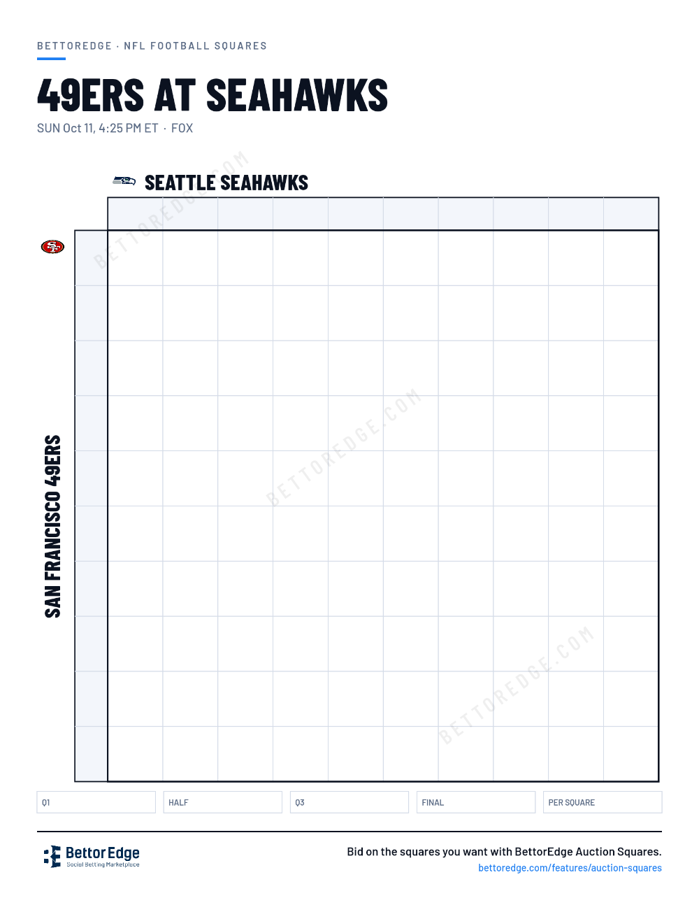 49ers at Seahawks squares, free printable 10x10 football squares grid