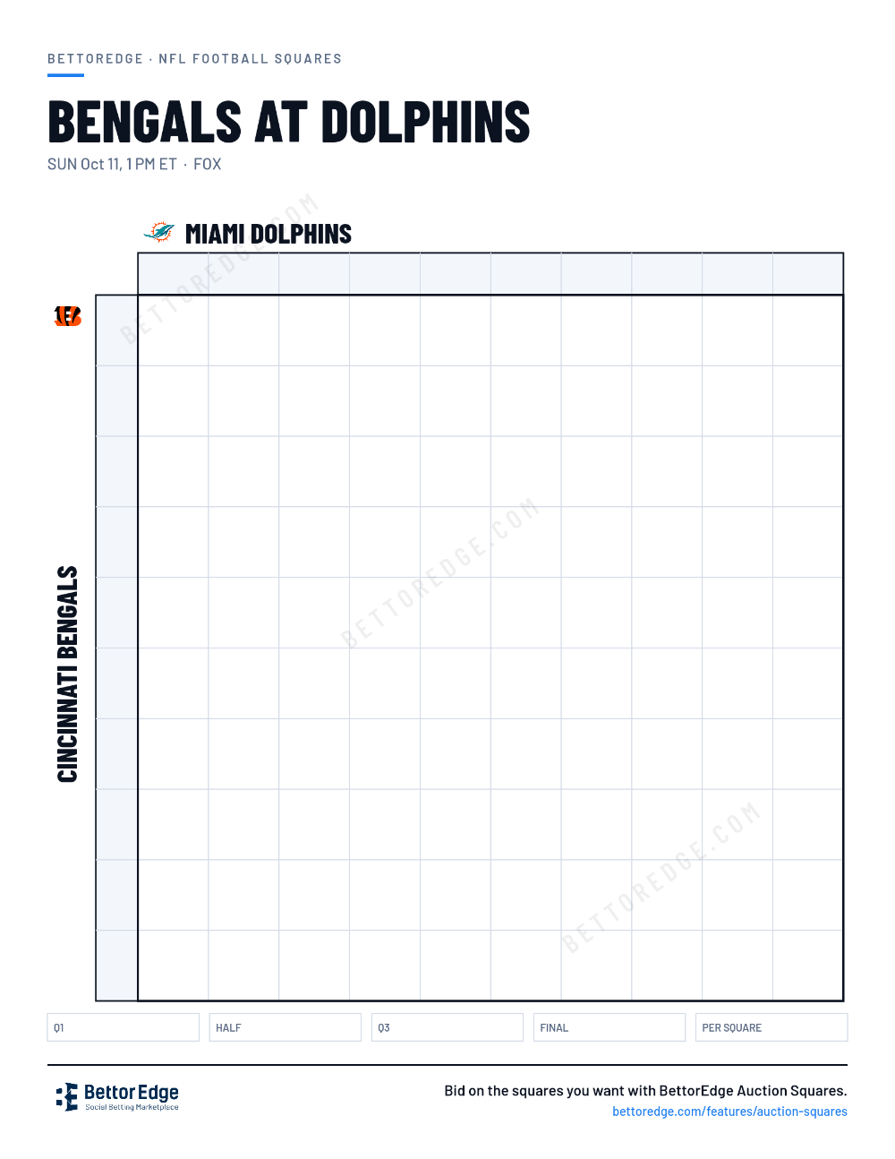 Bengals at Dolphins squares, free printable 10x10 football squares grid