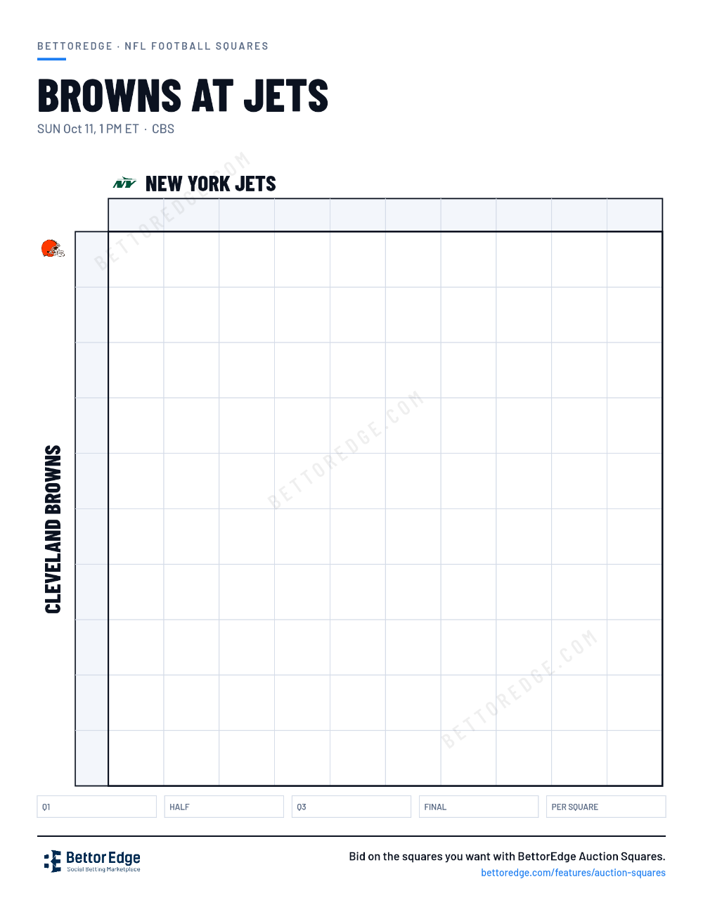 Browns at Jets squares, free printable 10x10 football squares grid