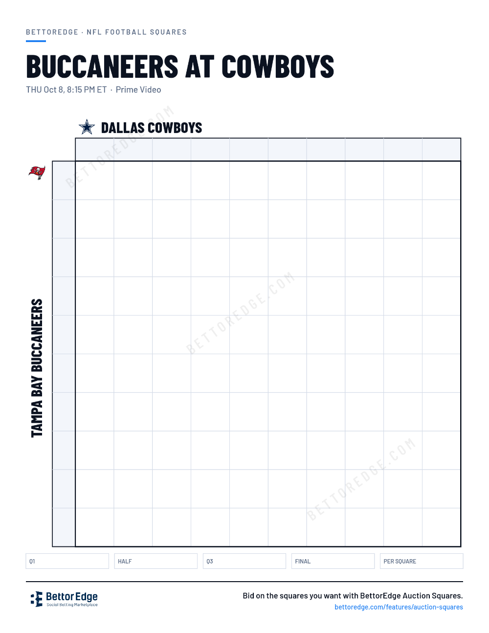 Buccaneers at Cowboys squares, free printable 10x10 football squares grid