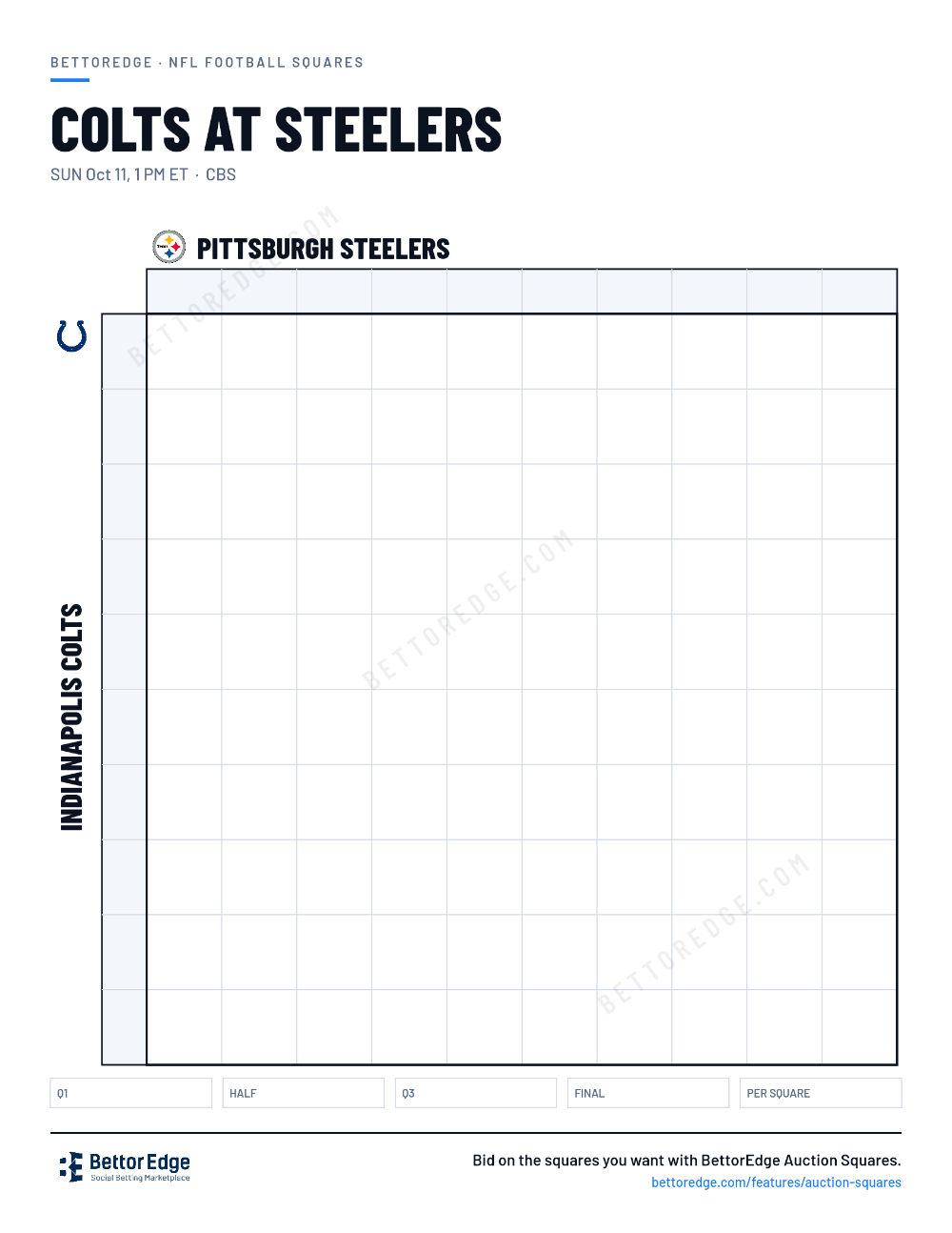Colts at Steelers squares, free printable 10x10 football squares grid