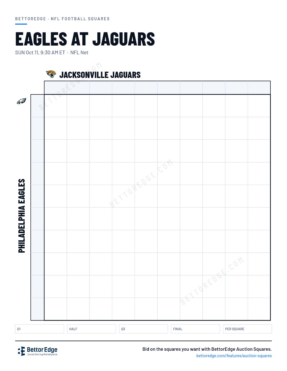 Eagles at Jaguars squares, free printable 10x10 football squares grid