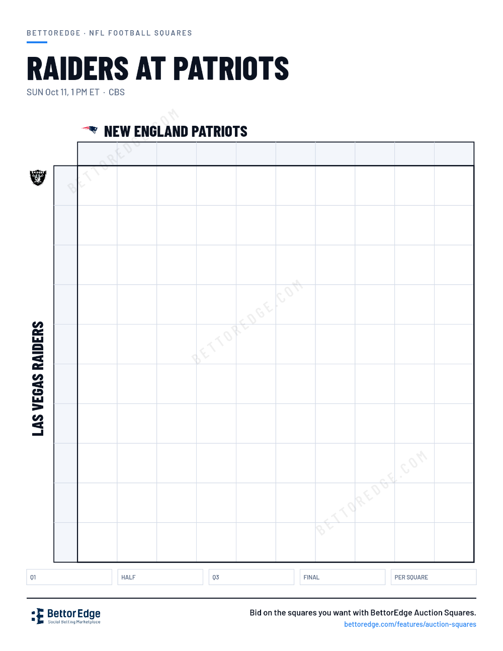 Raiders at Patriots squares, free printable 10x10 football squares grid