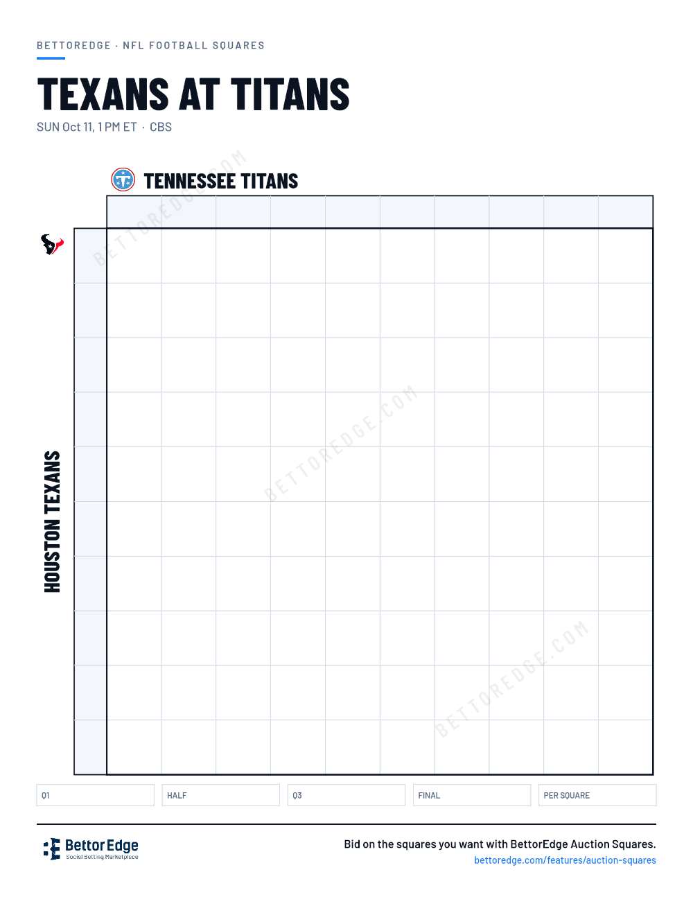 Texans at Titans squares, free printable 10x10 football squares grid