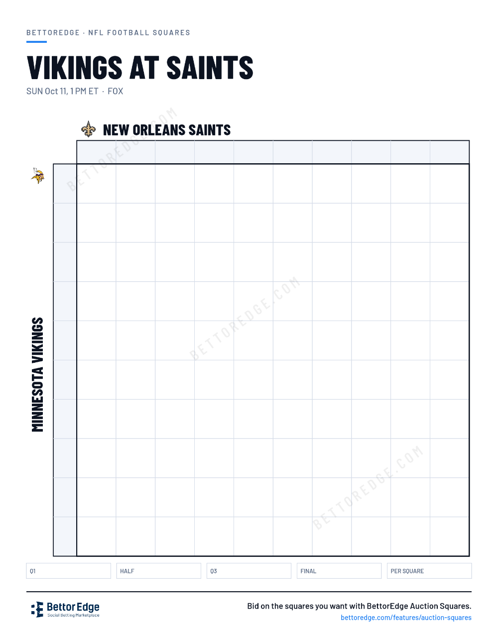 Vikings at Saints squares, free printable 10x10 football squares grid