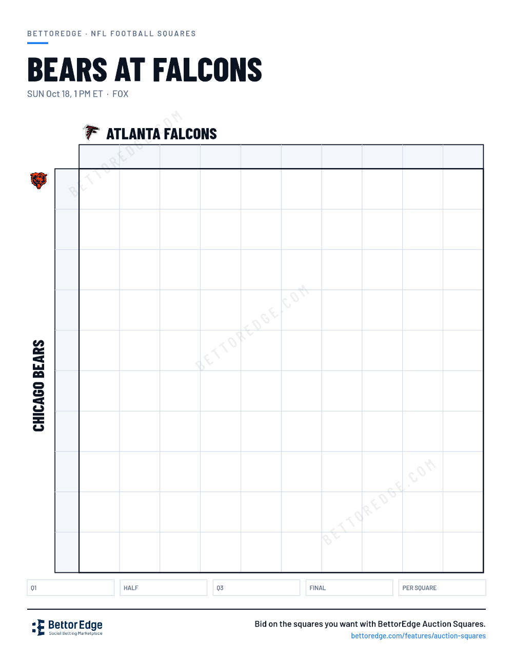 Bears at Falcons squares, free printable 10x10 football squares grid