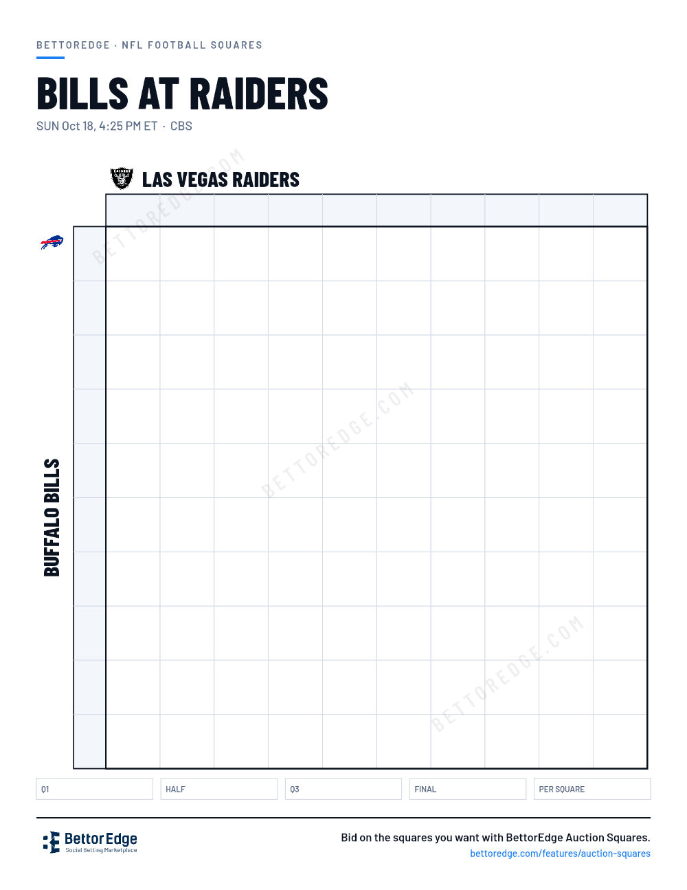 Bills at Raiders squares, free printable 10x10 football squares grid