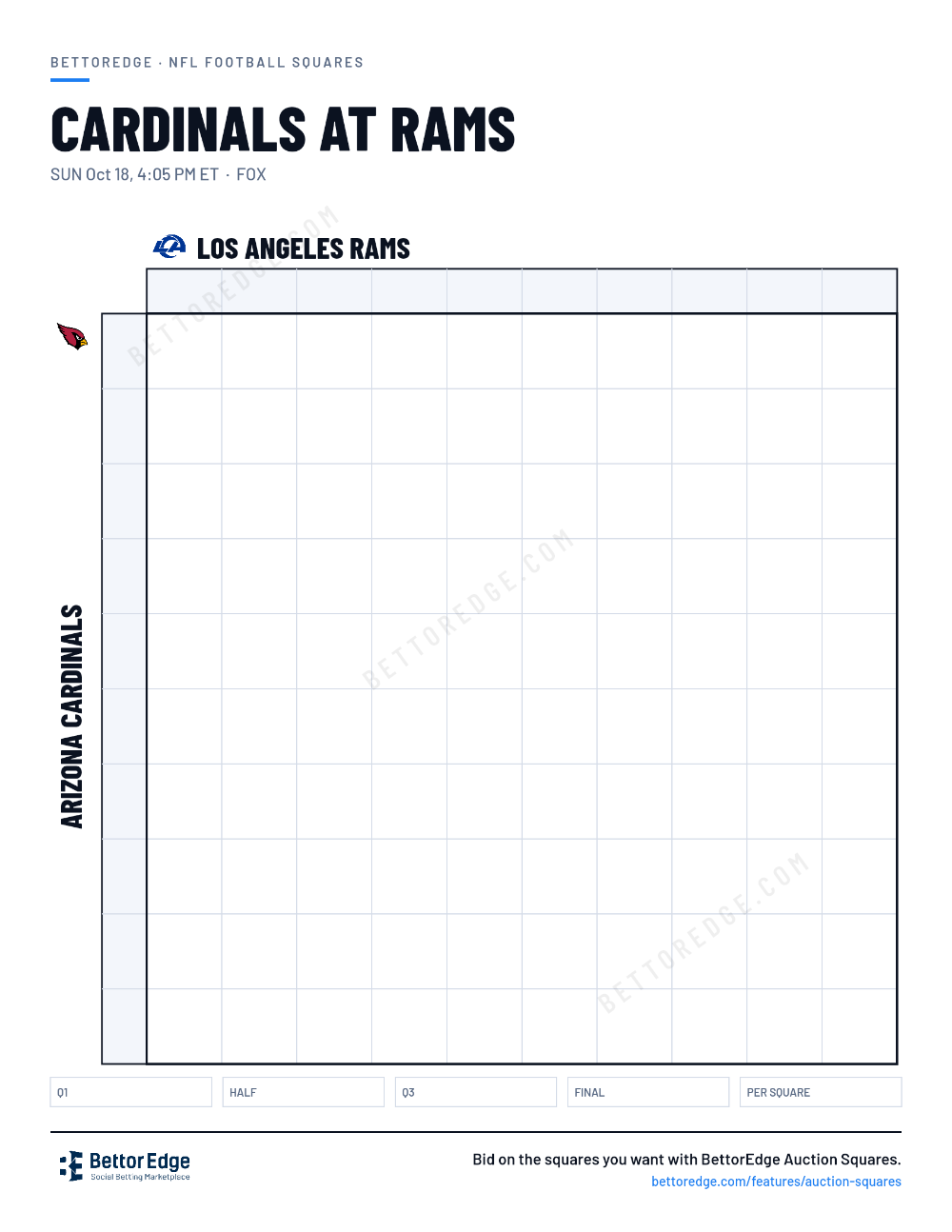 Cardinals at Rams squares, free printable 10x10 football squares grid