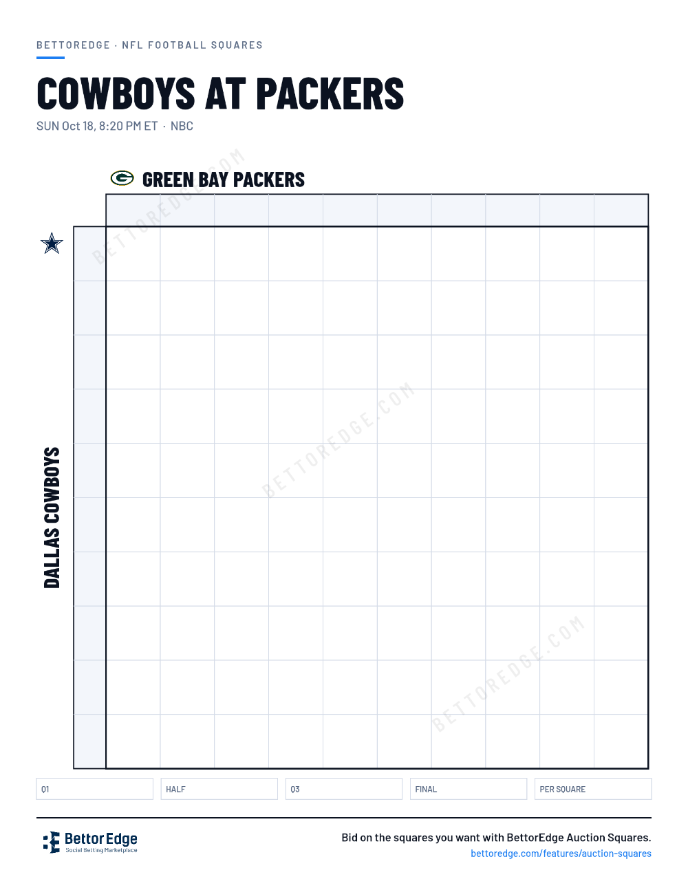 Cowboys at Packers squares, free printable 10x10 football squares grid