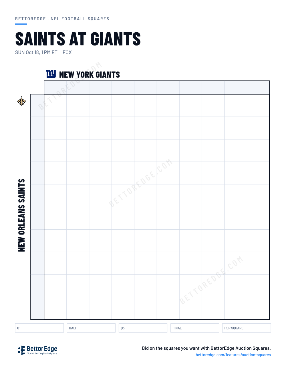 Saints at Giants squares, free printable 10x10 football squares grid