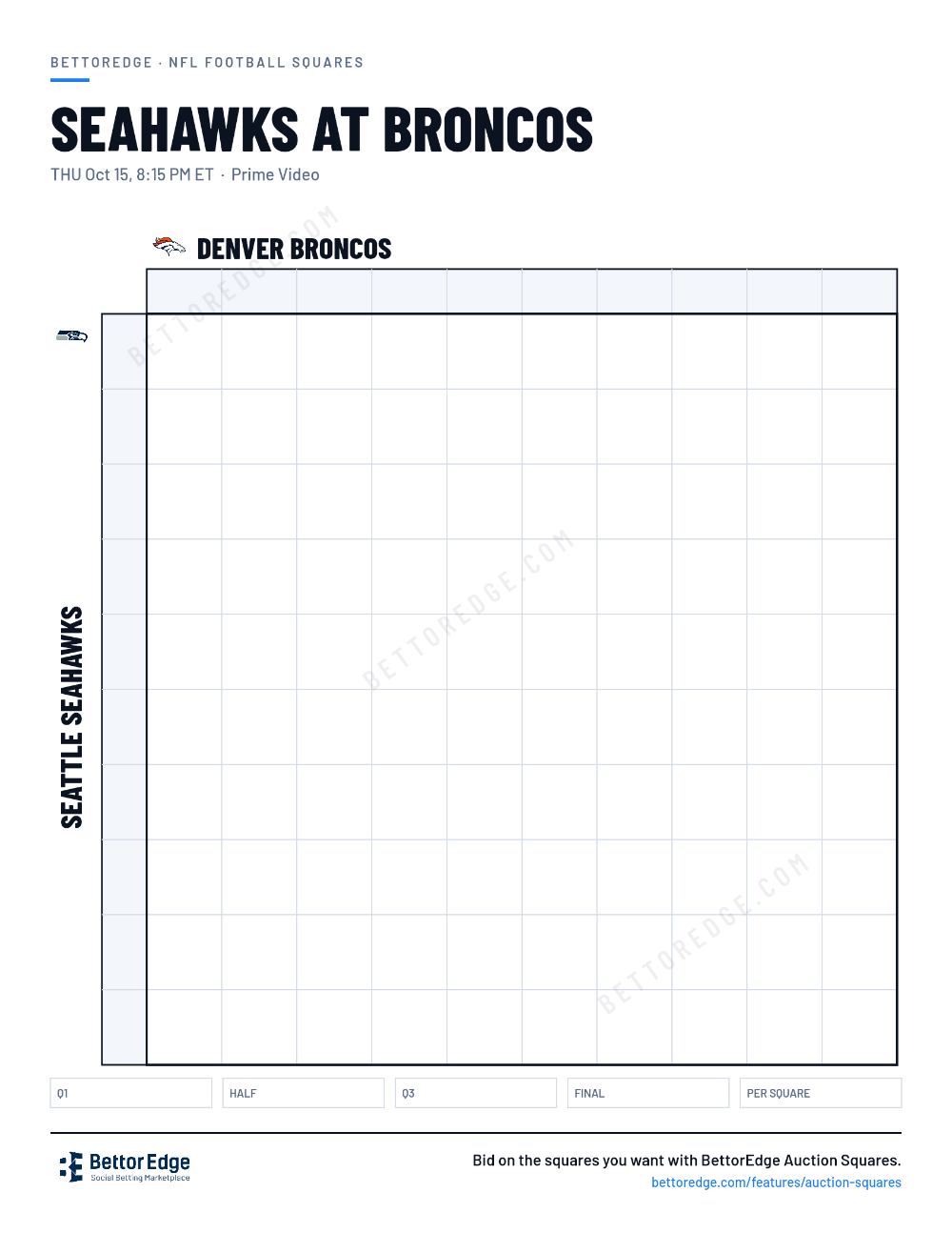 Seahawks at Broncos squares, free printable 10x10 football squares grid