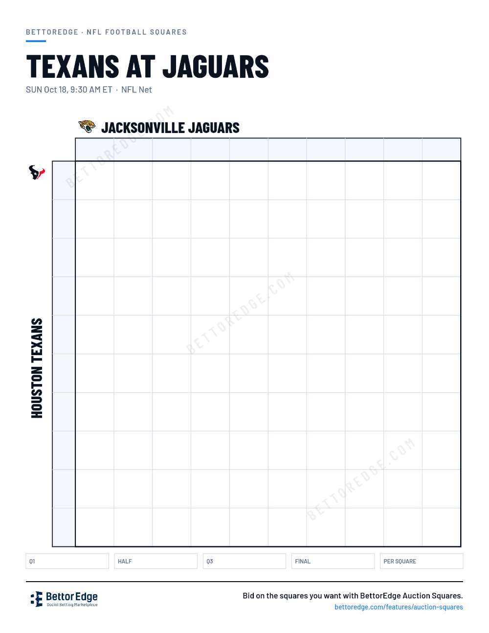 Texans at Jaguars squares, free printable 10x10 football squares grid