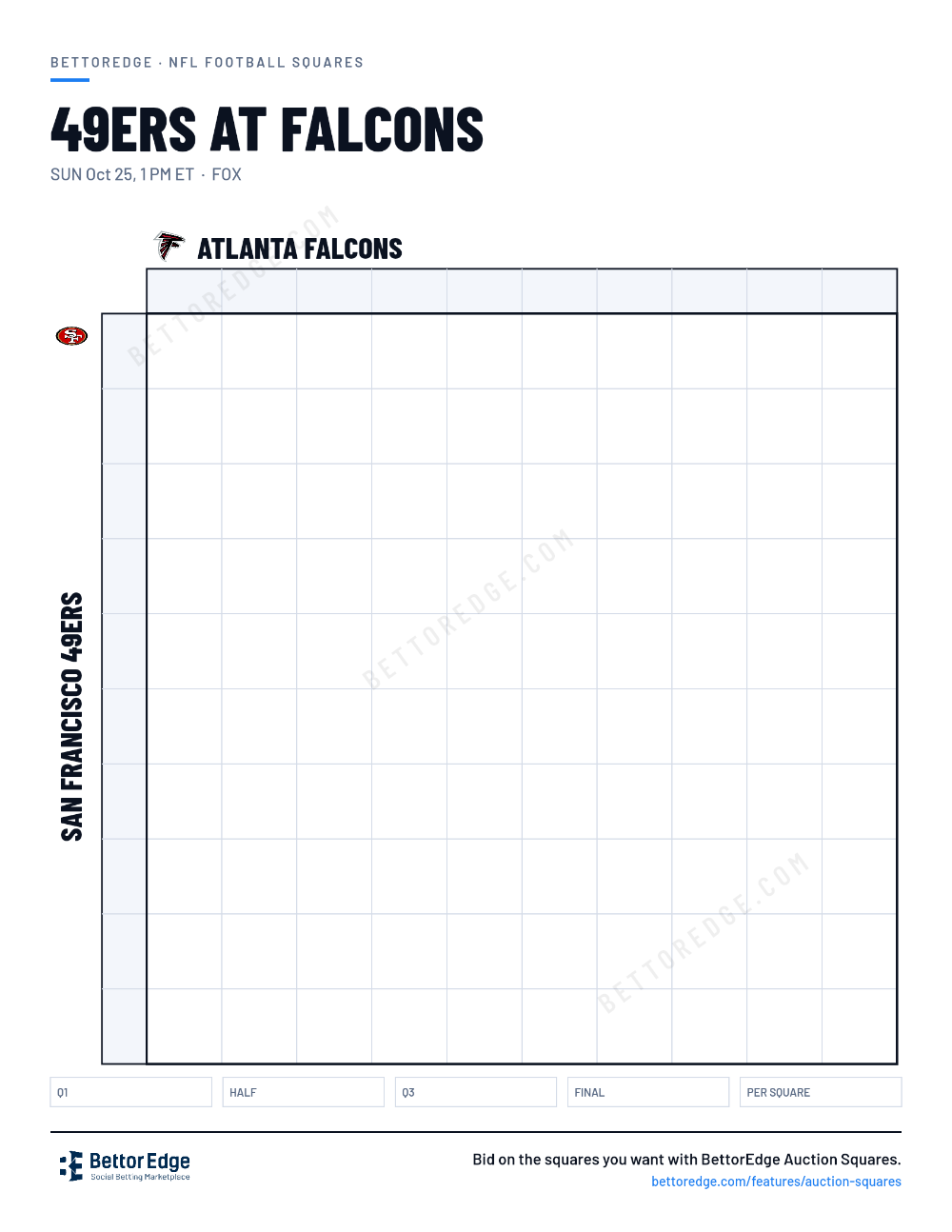 49ers at Falcons squares, free printable 10x10 football squares grid