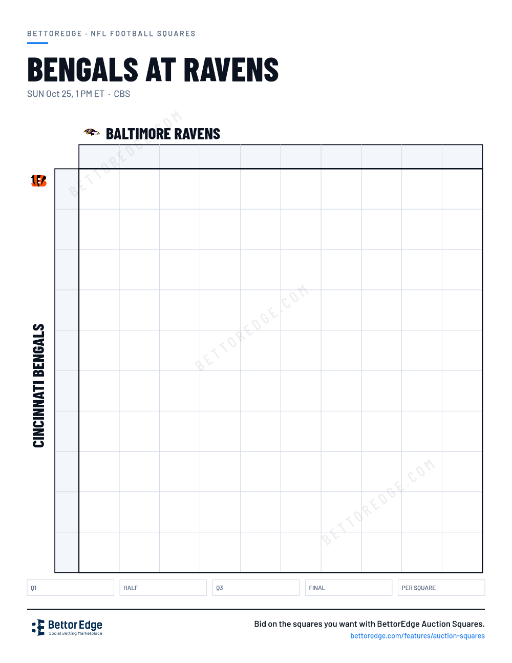 Bengals at Ravens squares, free printable 10x10 football squares grid