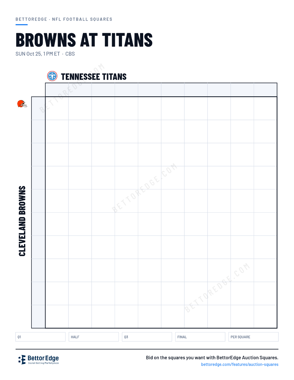 Browns at Titans squares, free printable 10x10 football squares grid