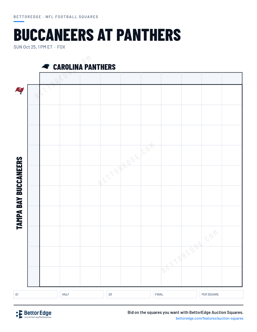 Buccaneers at Panthers squares, free printable 10x10 football squares grid