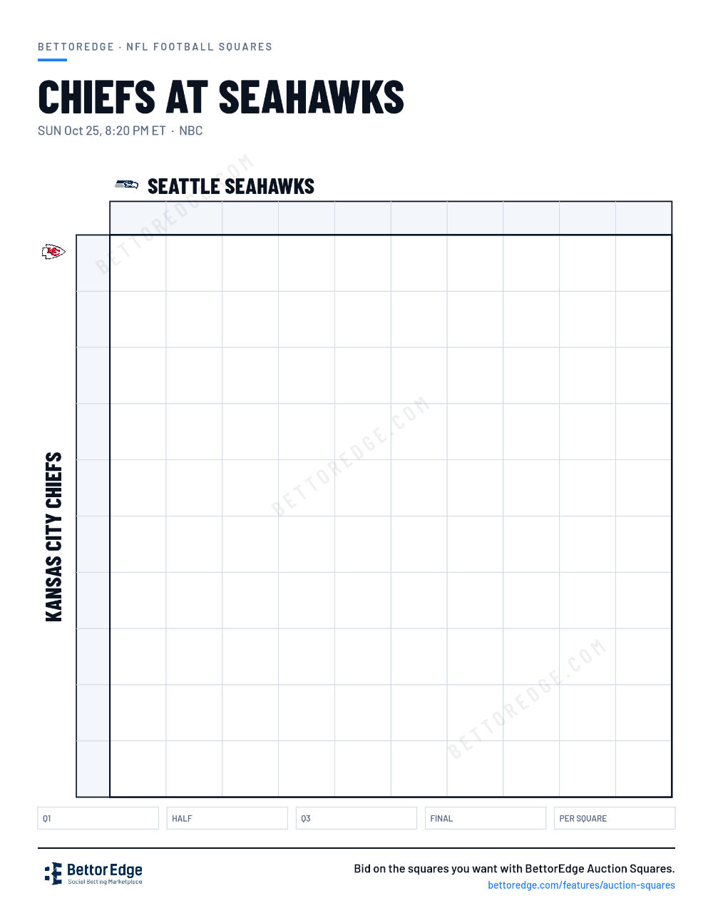 Chiefs at Seahawks squares, free printable 10x10 football squares grid