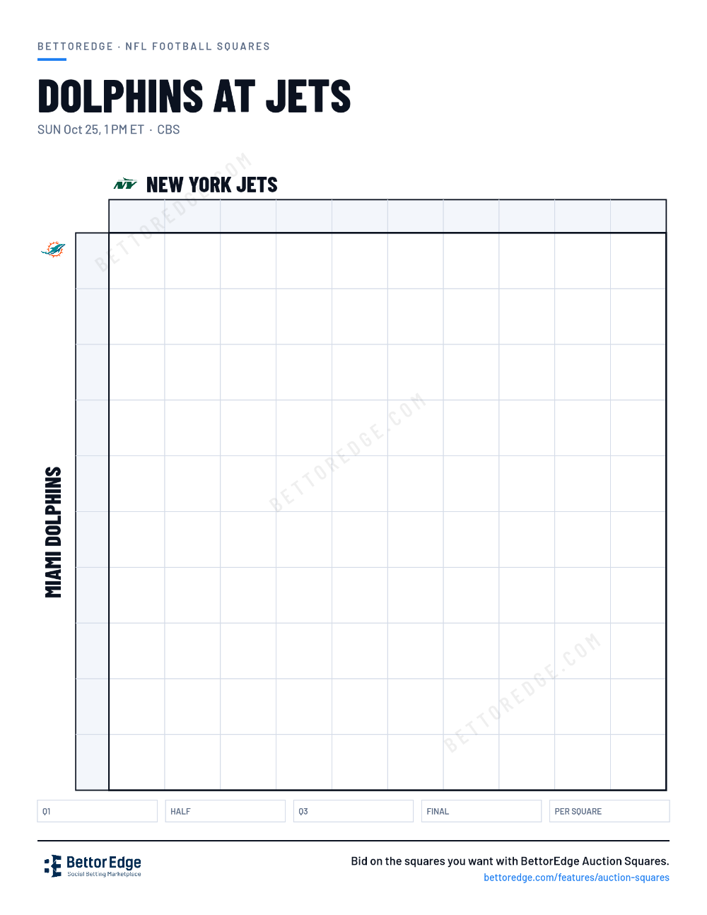 Dolphins at Jets squares, free printable 10x10 football squares grid