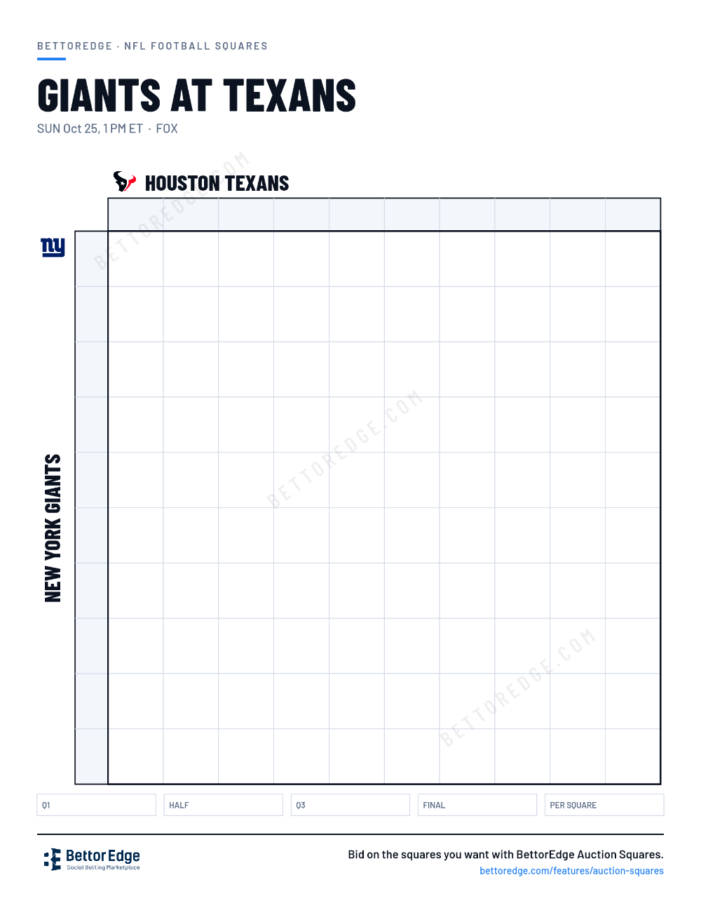 Giants at Texans squares, free printable 10x10 football squares grid