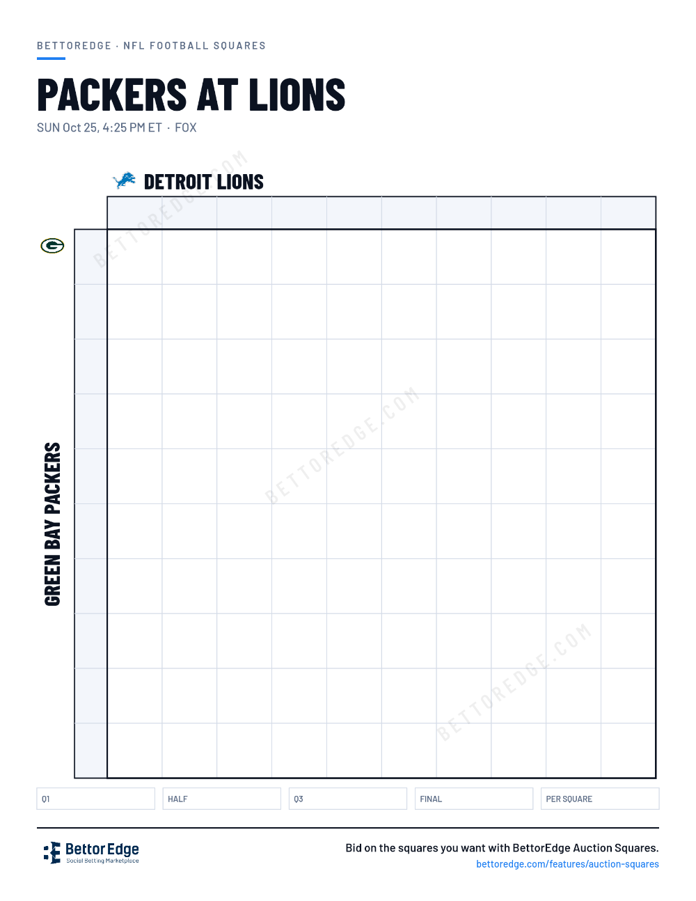 Packers at Lions squares, free printable 10x10 football squares grid