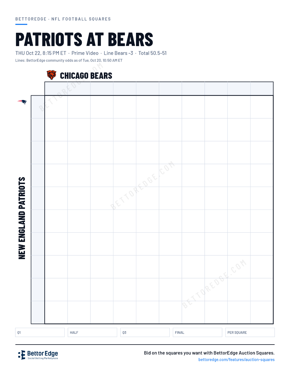 Us Week Number Patriots vs Bears Football Squares (Week 7 2026): Printable Grid and ...