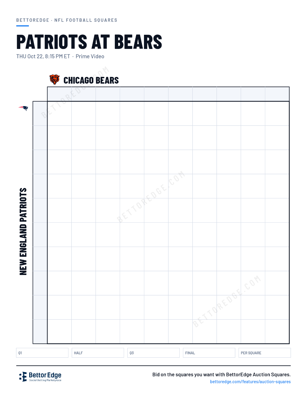 Patriots at Bears squares, free printable 10x10 football squares grid