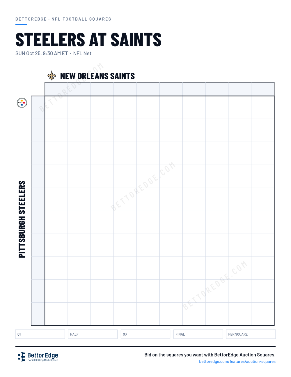 Steelers at Saints squares, free printable 10x10 football squares grid
