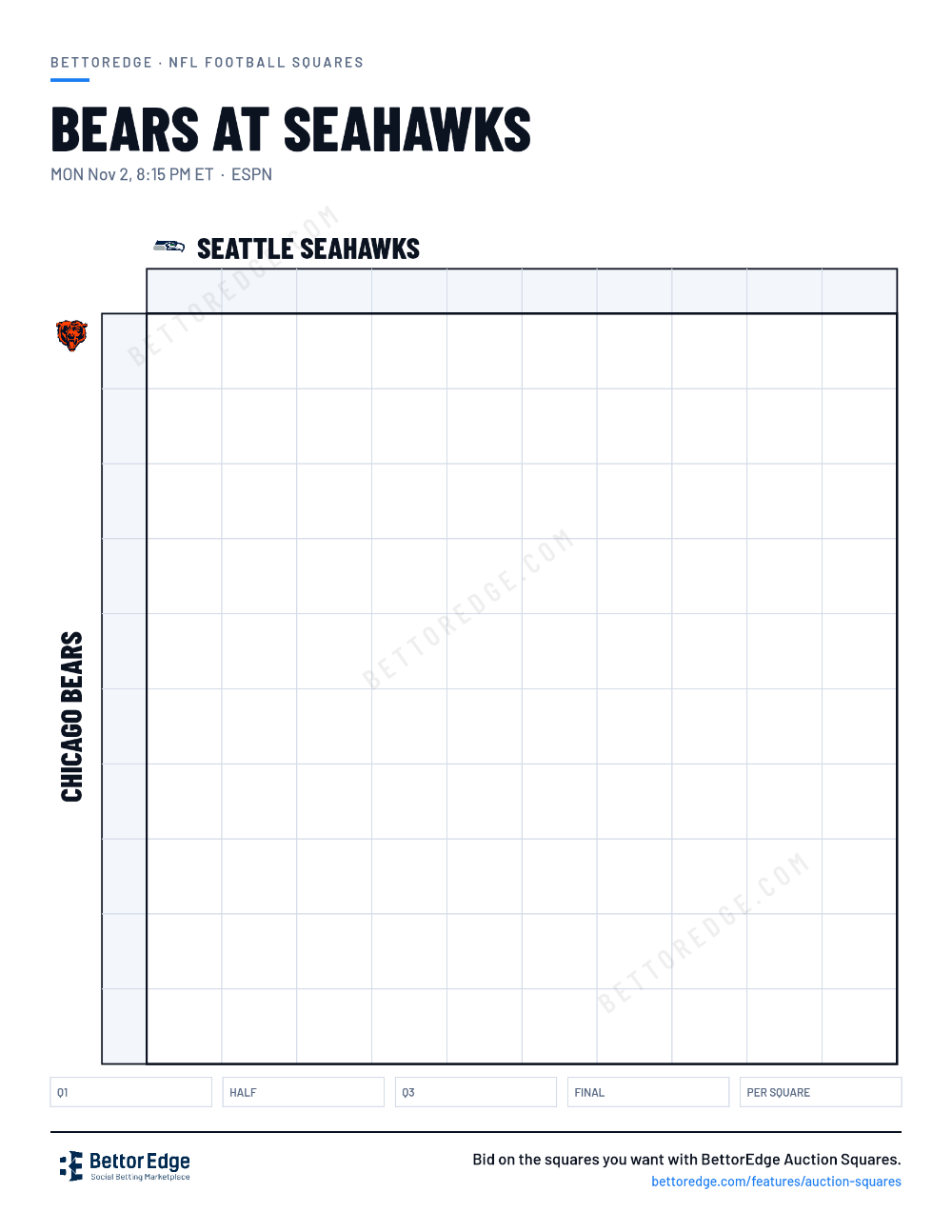 Bears at Seahawks squares, free printable 10x10 football squares grid