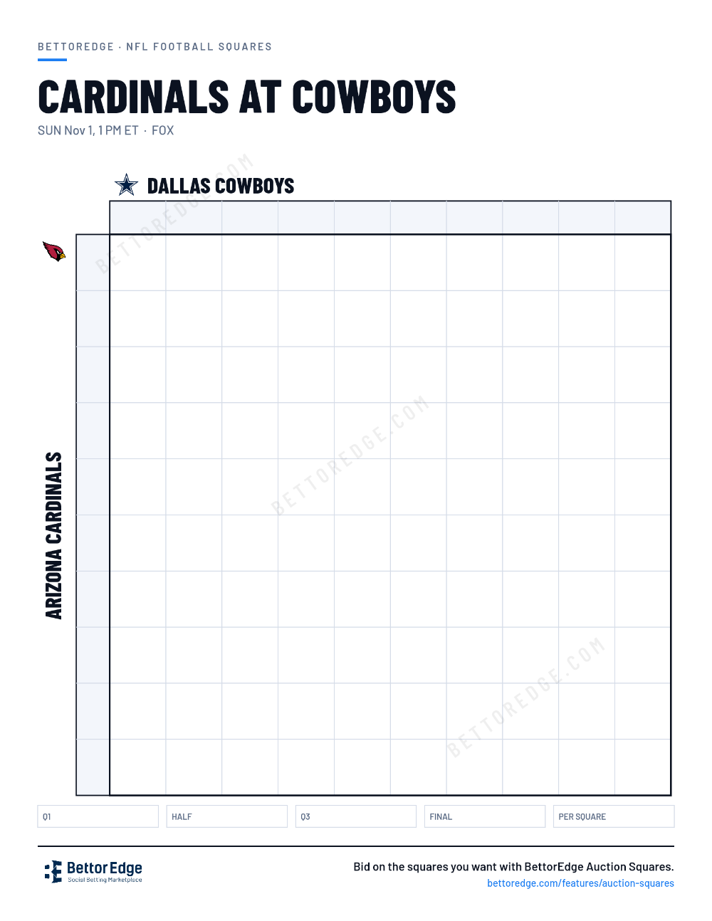 Cardinals at Cowboys squares, free printable 10x10 football squares grid