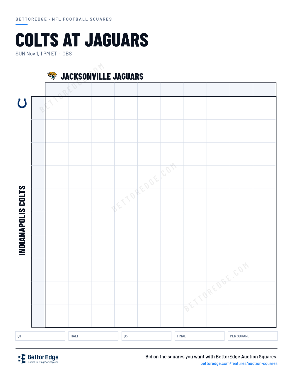 Colts at Jaguars squares, free printable 10x10 football squares grid