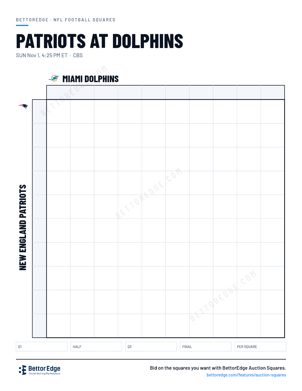 Patriots at Dolphins squares, free printable 10x10 football squares grid