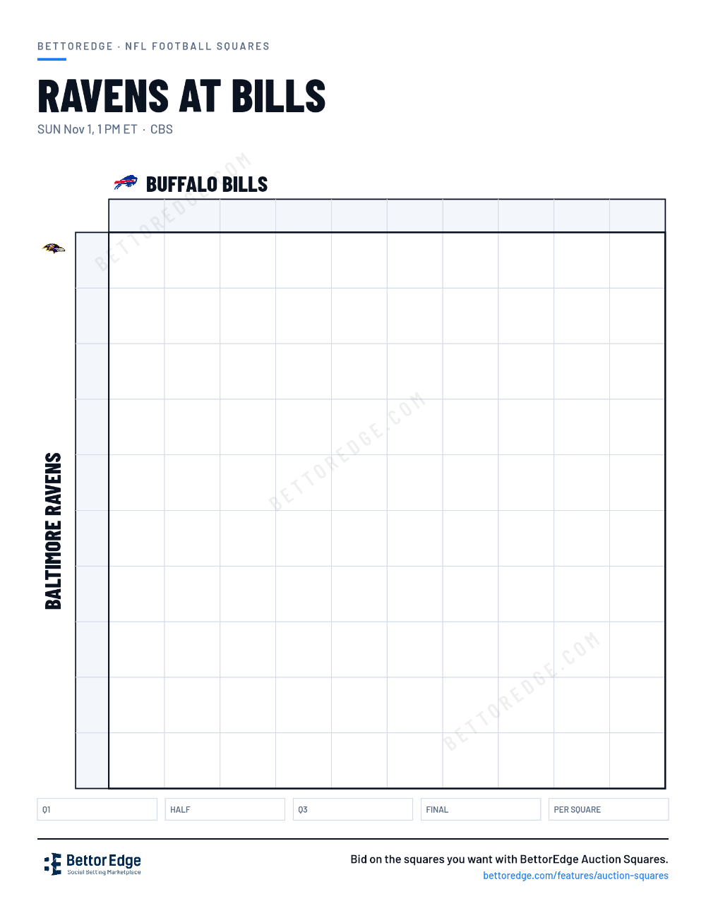 Ravens at Bills squares, free printable 10x10 football squares grid