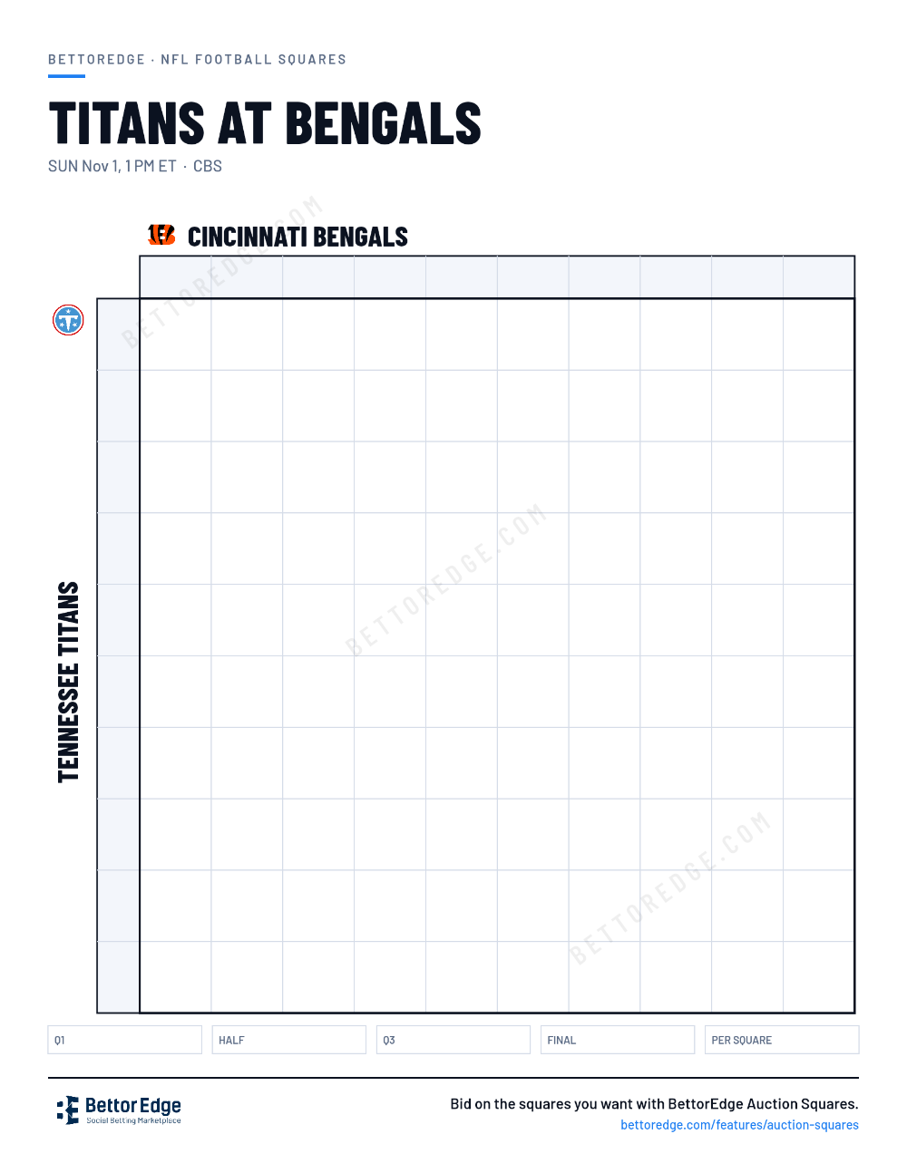 Titans at Bengals squares, free printable 10x10 football squares grid