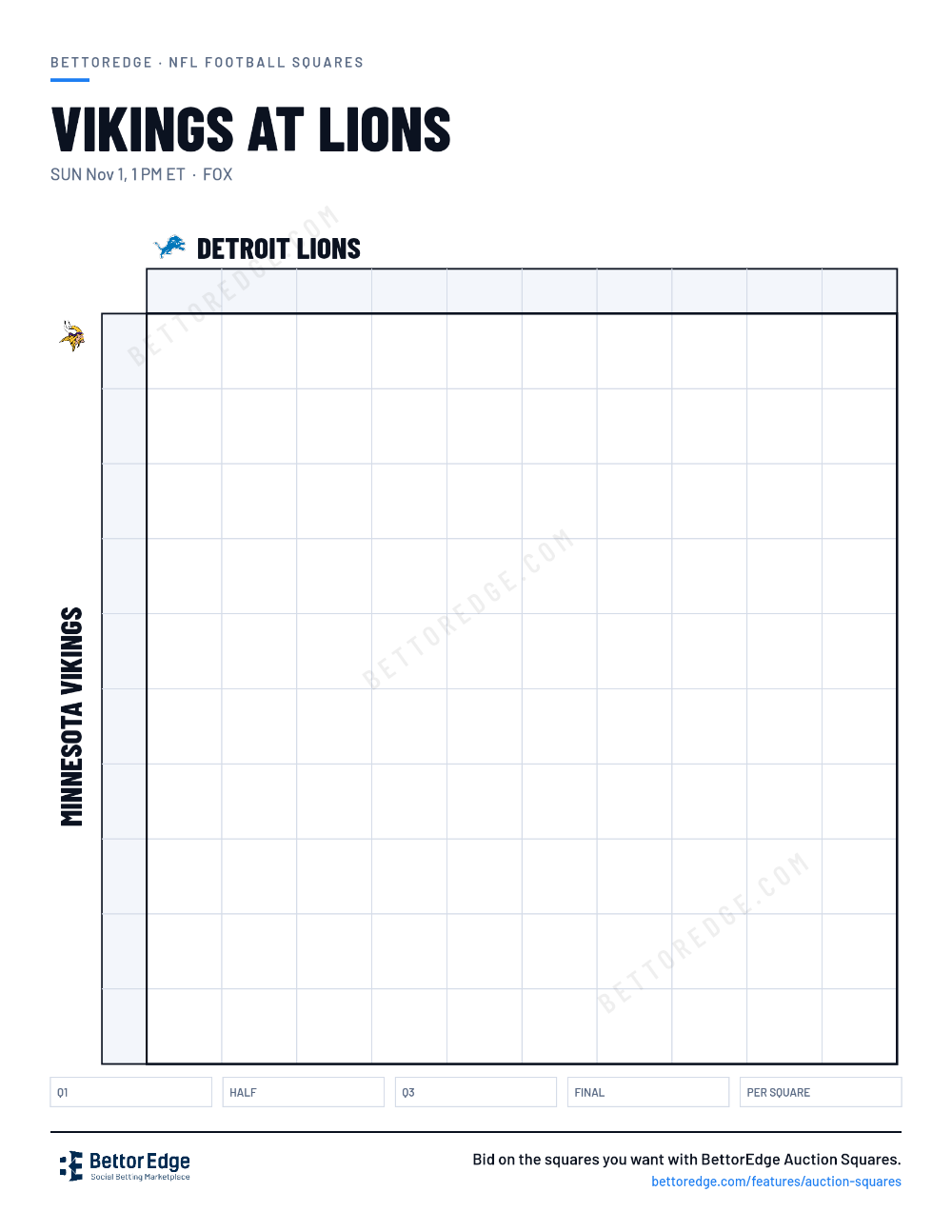 Vikings at Lions squares, free printable 10x10 football squares grid