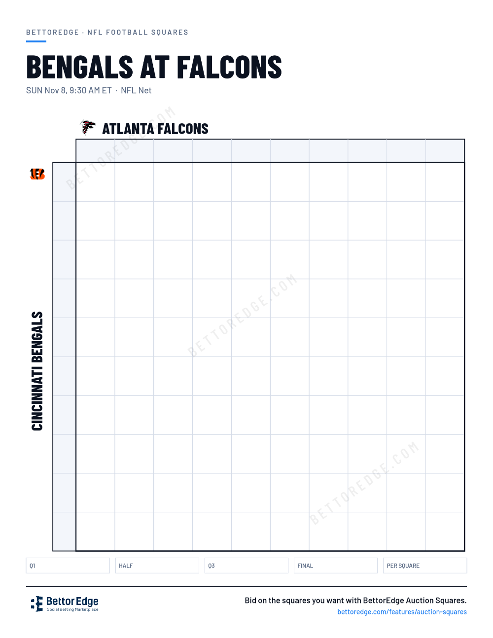 Bengals at Falcons squares, free printable 10x10 football squares grid