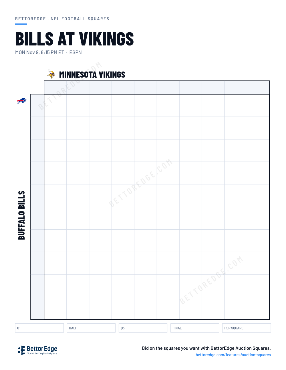 Bills at Vikings squares, free printable 10x10 football squares grid
