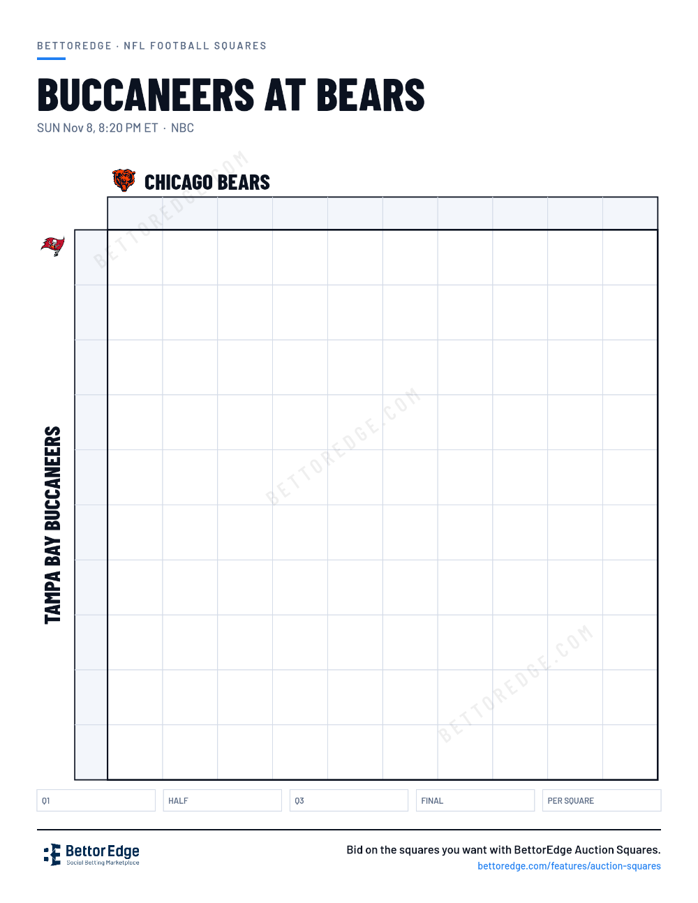 Buccaneers at Bears squares, free printable 10x10 football squares grid