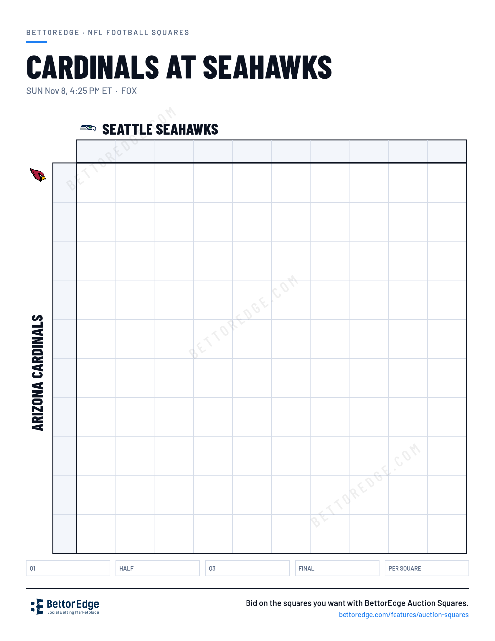 Cardinals at Seahawks squares, free printable 10x10 football squares grid