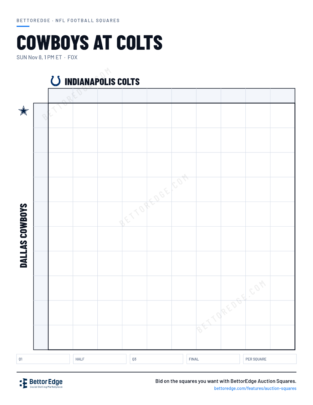 Cowboys at Colts squares, free printable 10x10 football squares grid