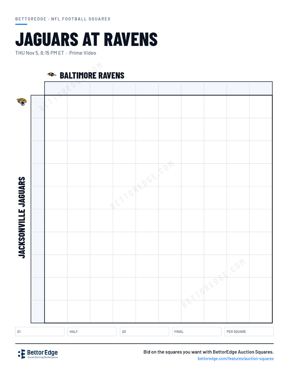 Jaguars at Ravens squares, free printable 10x10 football squares grid