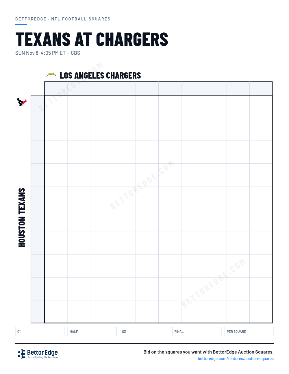 Texans at Chargers squares, free printable 10x10 football squares grid