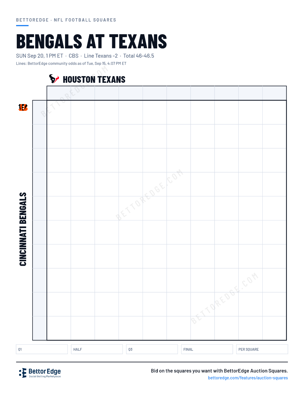 Bengals at Texans squares, free printable 10x10 football squares grid