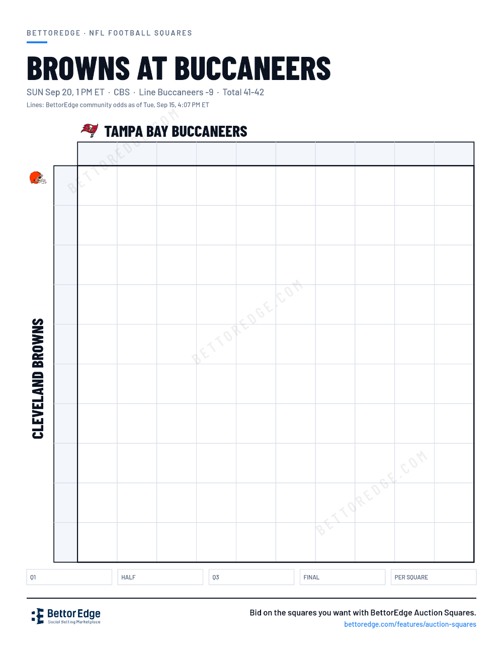 Browns at Buccaneers squares, free printable 10x10 football squares grid