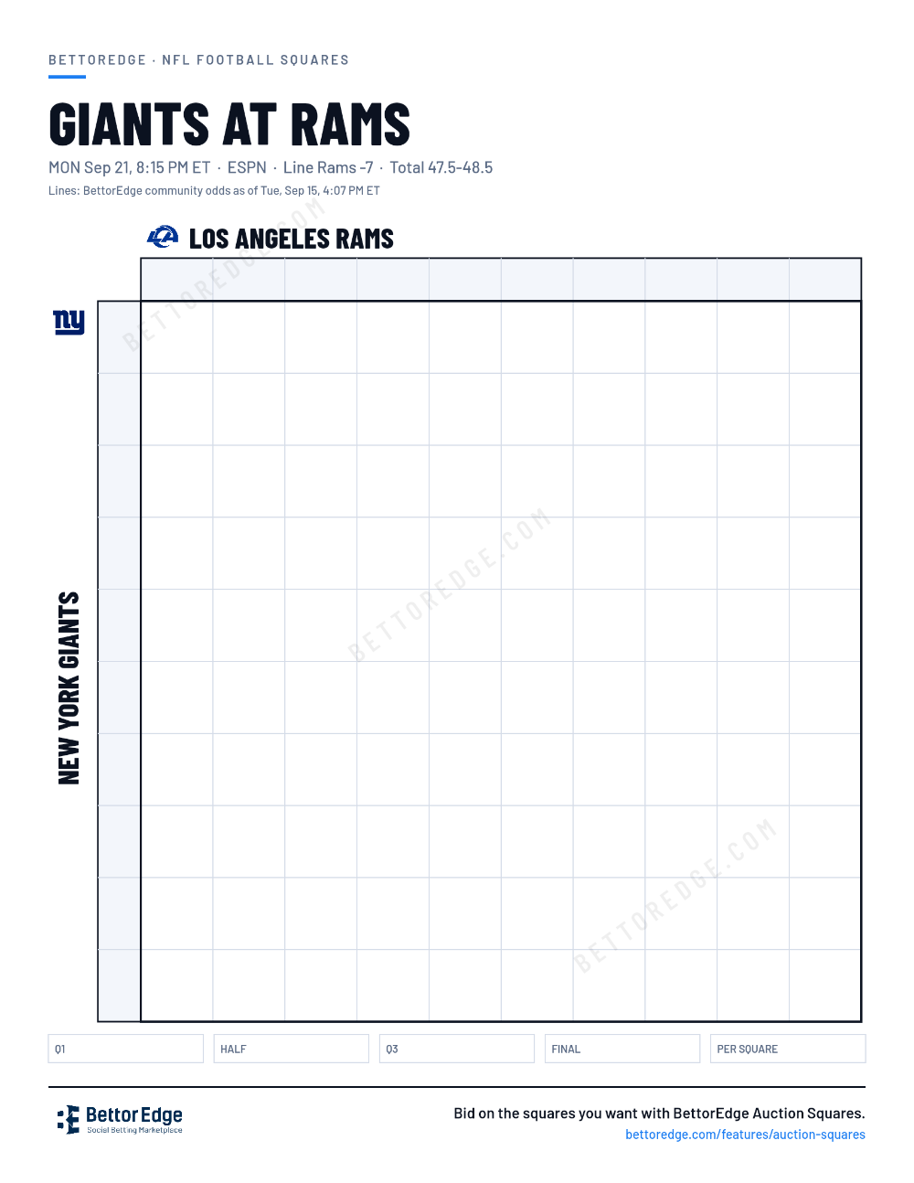 Giants at Rams squares, free printable 10x10 football squares grid