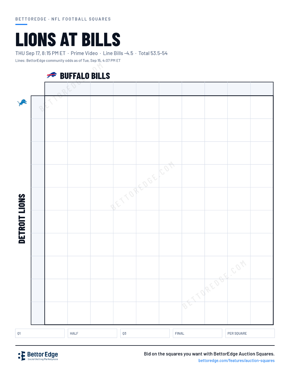 Lions at Bills squares, free printable 10x10 football squares grid