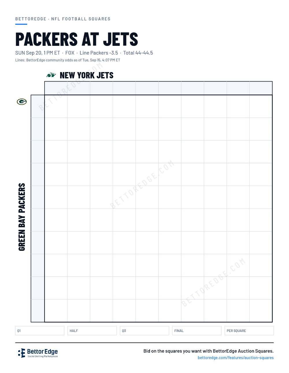 Packers at Jets squares, free printable 10x10 football squares grid