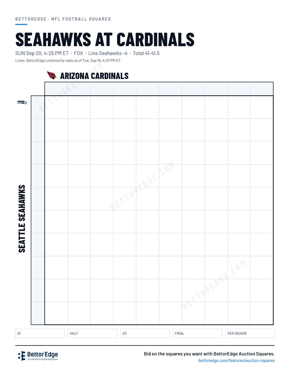 Seahawks at Cardinals squares, free printable 10x10 football squares grid