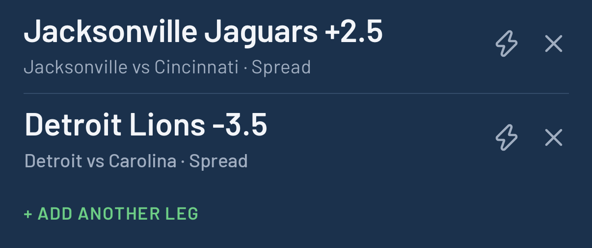 A BettorEdge parlay slip with two legs, Jacksonville Jaguars +2.5 and Detroit Lions -3.5, and the + Add Another Leg button under them